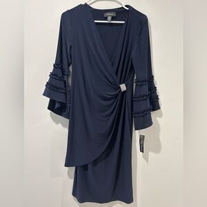 NEW R&M Richards Navy Ruffle Trim Faux Wrap Dress with rhinestone detail